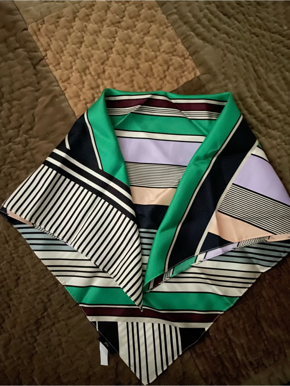 J. Crew Oversized Striped Multicolor Silk Bandana Scarf - Green, Navy, Lilac
